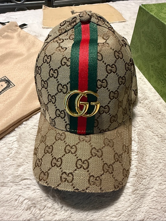 Gucci Accessories - Gucci Beige GG Canvas Cap with Green and Red Web and Gold Double G